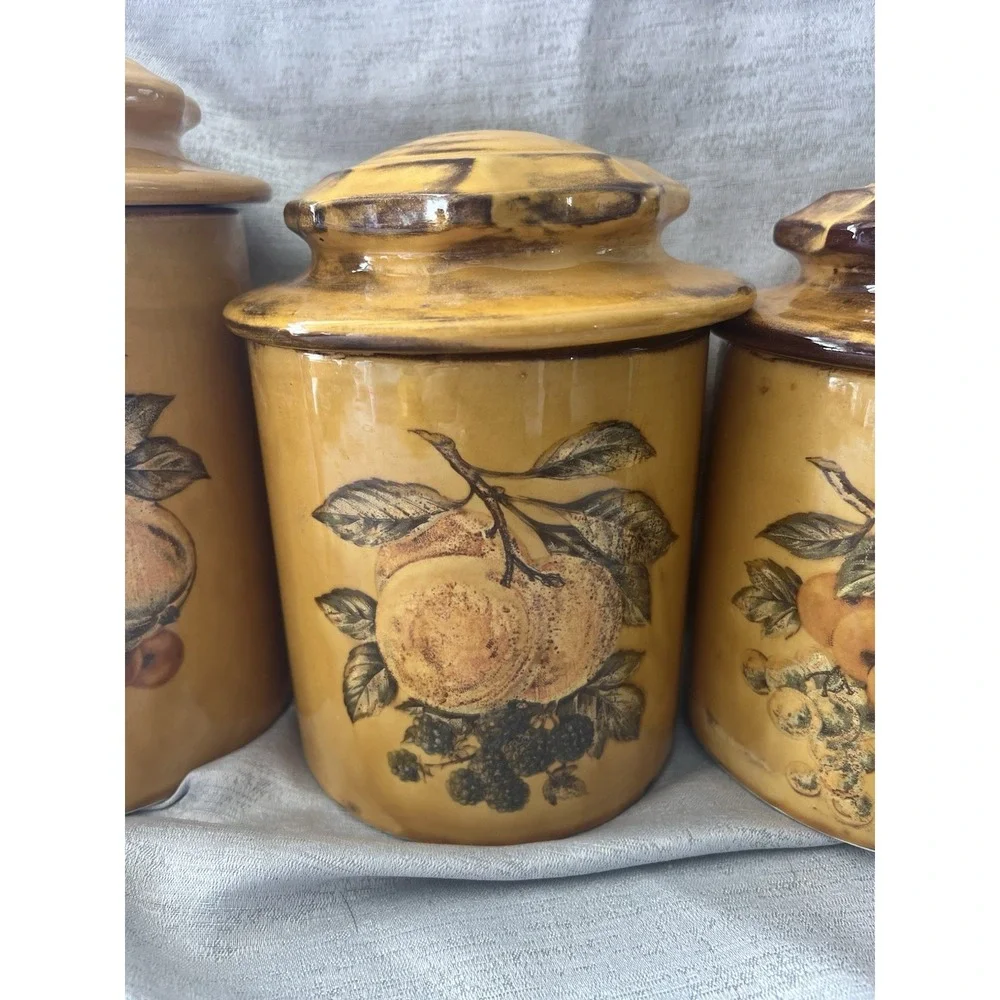 Mid-Century Canister Set W/ LIDS Harvest Gold Fruit VTG Containers Retro 1960's